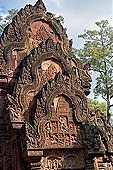 Banteay Srei temple - northern library west pediment, Krishna slaying Kamsa his wicked uncle